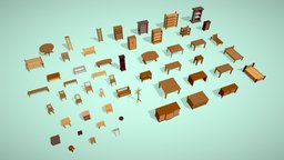 Lowpoly Wooden Furniture Pack wooden, bed, obj, furniture, fbx, tripod, cupboard, dining-table, interior-props, blender, lowpoly, chair, 3dmodel, interior, wooden-furniture, furniture-assets, furniture-pack