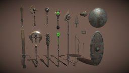Bronze weapons fantasy set arrow, set, axes, bow, staff, shields, swords, knuckles, lance, maces, pbr-game-ready, dagger