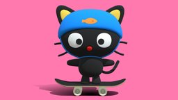 Sanrio Chococat Skateboarding 3D Model cat, cute, hello, kitty, skateboard, fun, hellokitty, sick, trick, blackcat, sanrio, chococat