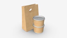 Takeaway paper bag and containers food, empty, template, paper, pack, bag, mockup, fastfood, recycle, away, package, takeaway, take, blank, disposable, 3d, pbr, container, plastic