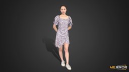 Asian Woman Scan_Posed 9 30k poly body, topology, people, standing, asian, bodyscan, ar, posed, dress, woman, smiley, character, photogrammetry, scan, female, human, gameready, floral-pattern, noai, mini-dress, floralpattern