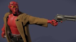 Hellboy revolver, pose, coat, hellboy, character, gun, male