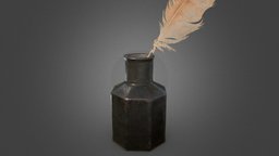 Ink Bottle with Quill victorian, pen, vintage, ink, antique, vr, ar, realistic, old, feather, quill, victorian-furniture, blender, pbr, substance-painter, bottle, ink-bottle, victorian-prop, desk-pen
