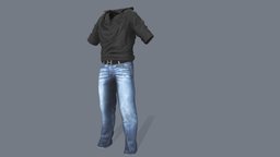 Mens Cowl Neck Hoodie Sweatshirt Jeans Outfit neck, fashion, top, clothes, with, gray, jeans, realistic, real, casual, belt, mens, hoodie, sweatshirt, handsome, cowl, wear, pbr, low, poly, blue, male, denims