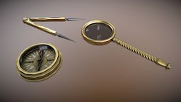 Victorian Study Props compass, victorian, brass, magnifying, glass