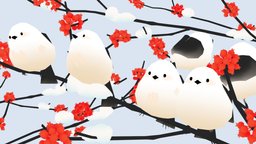 Spring (Landscape) cute, bird, birds, winter, white, animals, flowers, miniature, spring, original, huawei, nature, kawaii, fluffy, stilllife, aesthetic, pastel, low-polly, npr, low-poly-art, tit, low-poly-blender, themes, handpainted, blender