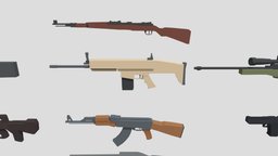 Low poly guns scar, kar98k, weapons, blender, lowpoly, low, poly, shotgun, ak47, guns