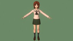 T pose rigged model of Miho Nishizumi boot, teenage, skirt, teen, uniform, woman, bikini, girls-und-panzer, schoolgirl, blazer, anime-girl, short-hair, girl, anime, rigged, japanese, miho, miho-nishizumi