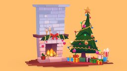 small Christmas Pack tree, fireplace, toon, winter, santa, xmas, snow, christmas, gift, fire, santaclaus, gifts, christmastree, cartoon, blender, wood, stylized, hollyday