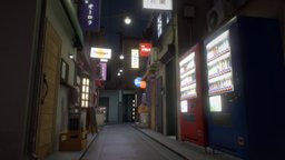 Japanese street at night japan, tokyo, neon, substancepainter, blender, lowpoly, street