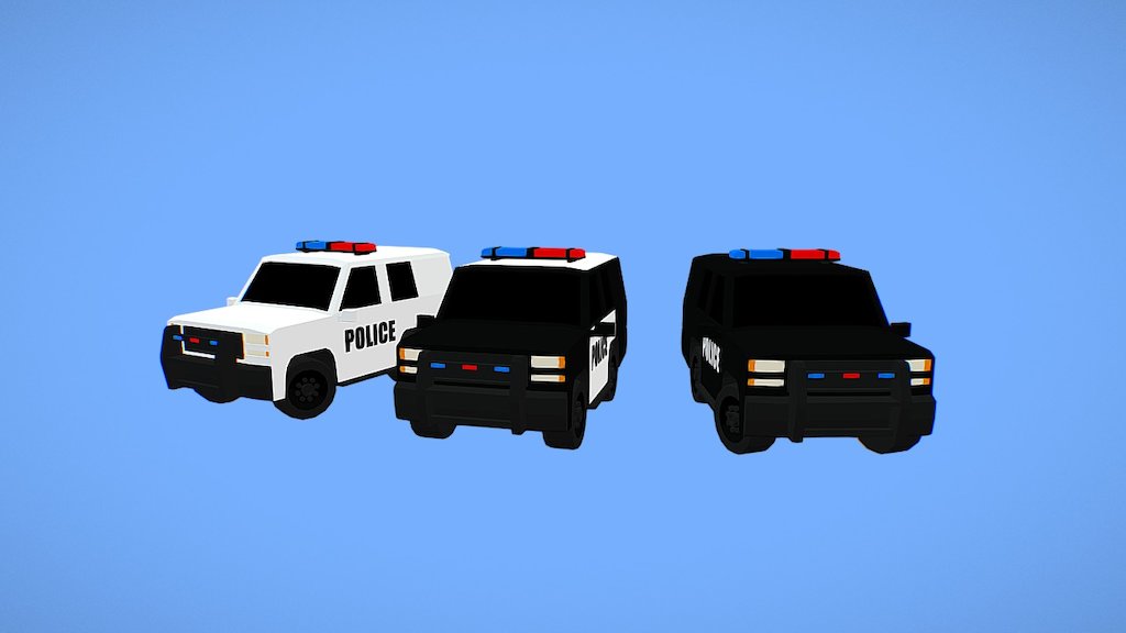 Low poly style police cars in three different colors.\n\nCheck it out on the Unity asset store: -link removed-