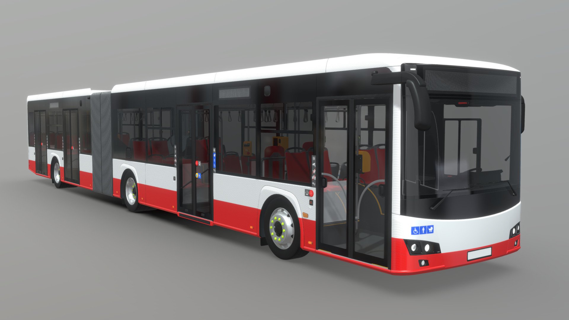 Model presents a new entry to my bus collection. It’s a new member of a family of II generation buses which will include new original, high-poly design. This is a 18-meter version of a hybrid bus, which offers 43 seats, and features new outward swinging, pneumatic doors.