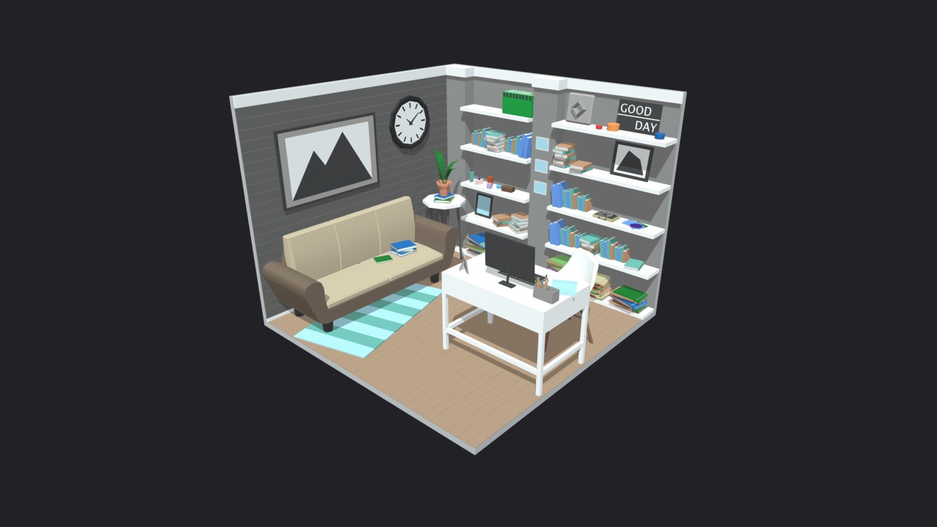 Low poly room is ready to be used for games, rendering and advertising.

This is an office room complete with furniture.

This set includes 30 unique props: table / computer / chairs / carpet / plant / books / accessories and much more!

Technical details:

The whole room has:




Vertex: 8399

Faces: 7048

Tris: 13571
Has only one color texture (2048/1024/512/256 /128px) and one material for the entire game set.

Feel free to download it and leave your reviews, comments and likes. This will help us create more products for you :)