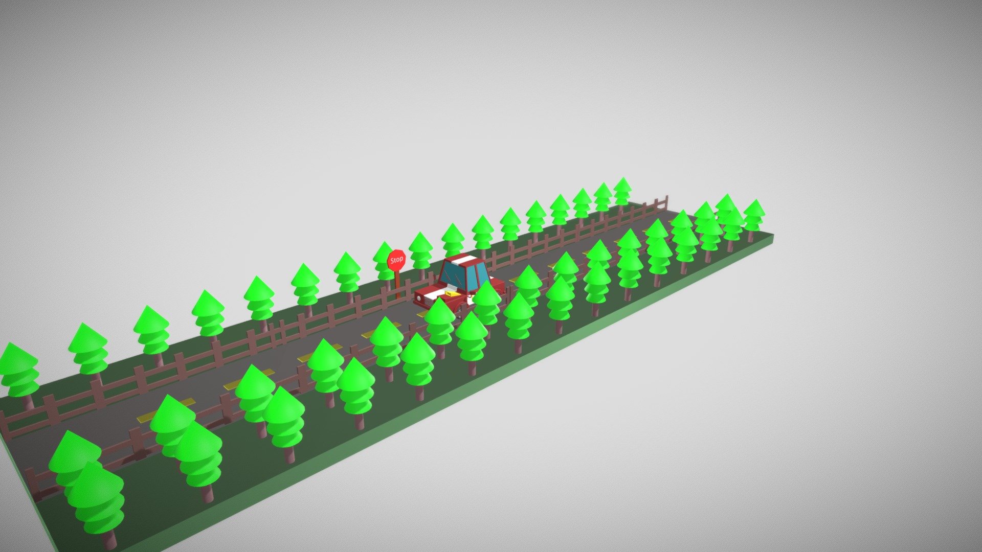 Creation of low poly scenery with a cartoon car in the scene