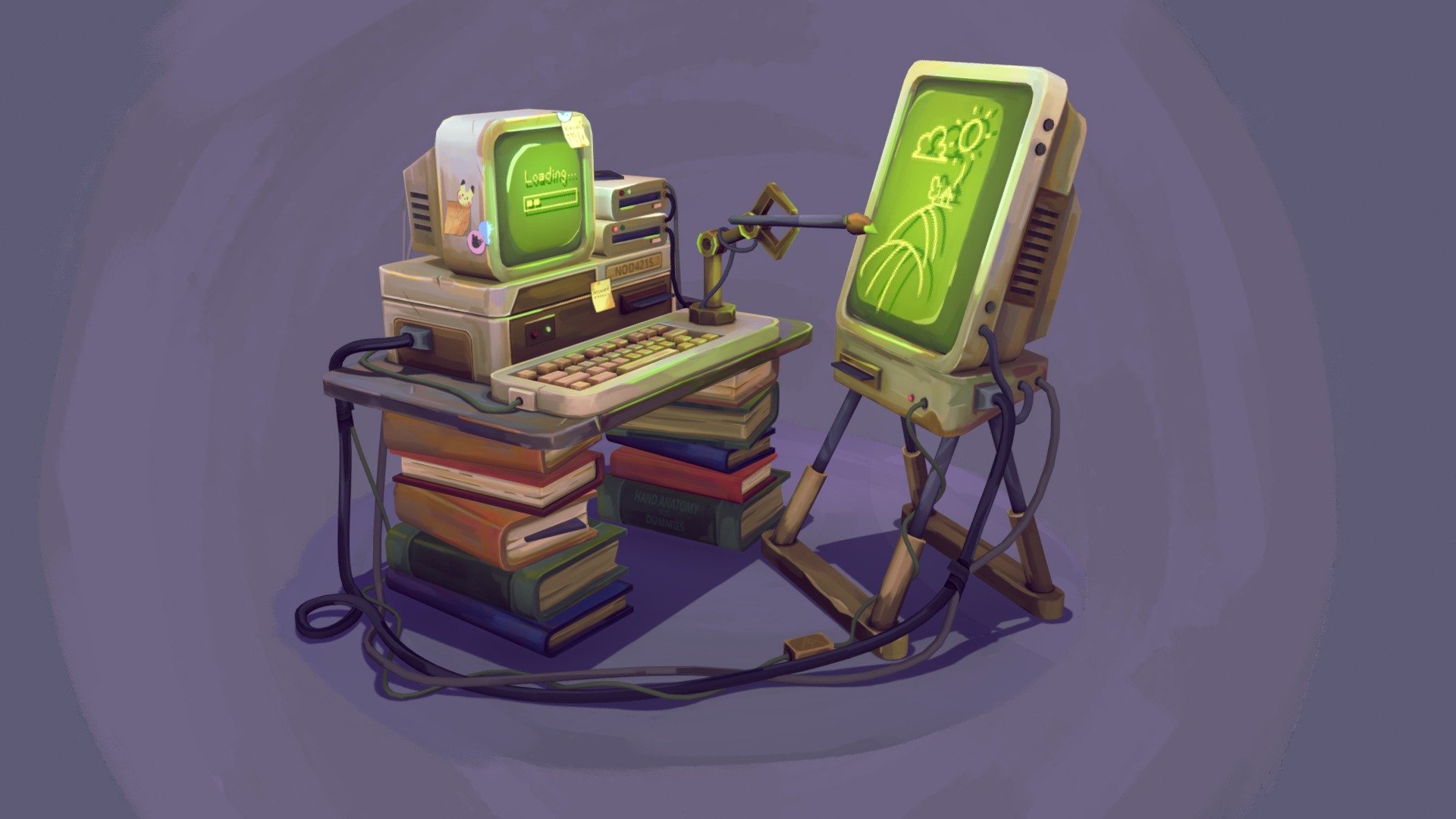 Artstation post: https://www.artstation.com/artwork/xDdLzY\n\nThis is my project for the fourth week of the CGMA Stylized Game Assets course,\nwith some guidance from Ashleigh Warner.\n\nThe main focus of the project was to create a 3D model of a Retro Sci-Fi computer. \nThe main inspiration behind this project was the possibility of using AI to generate art.
