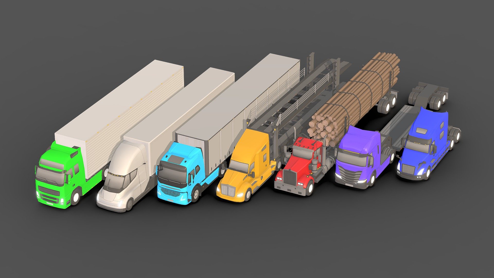 Low-poly Truck Pack 3D.

You can use these models in any game and project.

This package includes 7 trucks and 6 trailers .

This model is made with order and precision.

The color of the body and wheels can be changed.

Separated parts (body. wheel.Trailers ).

Very low poly.

Average poly count: 20/000 Tris.

Texture size: 128/256 (PNG).

Number of textures: 2.

Number of materials: 2.

format: fbx, obj, 3d max