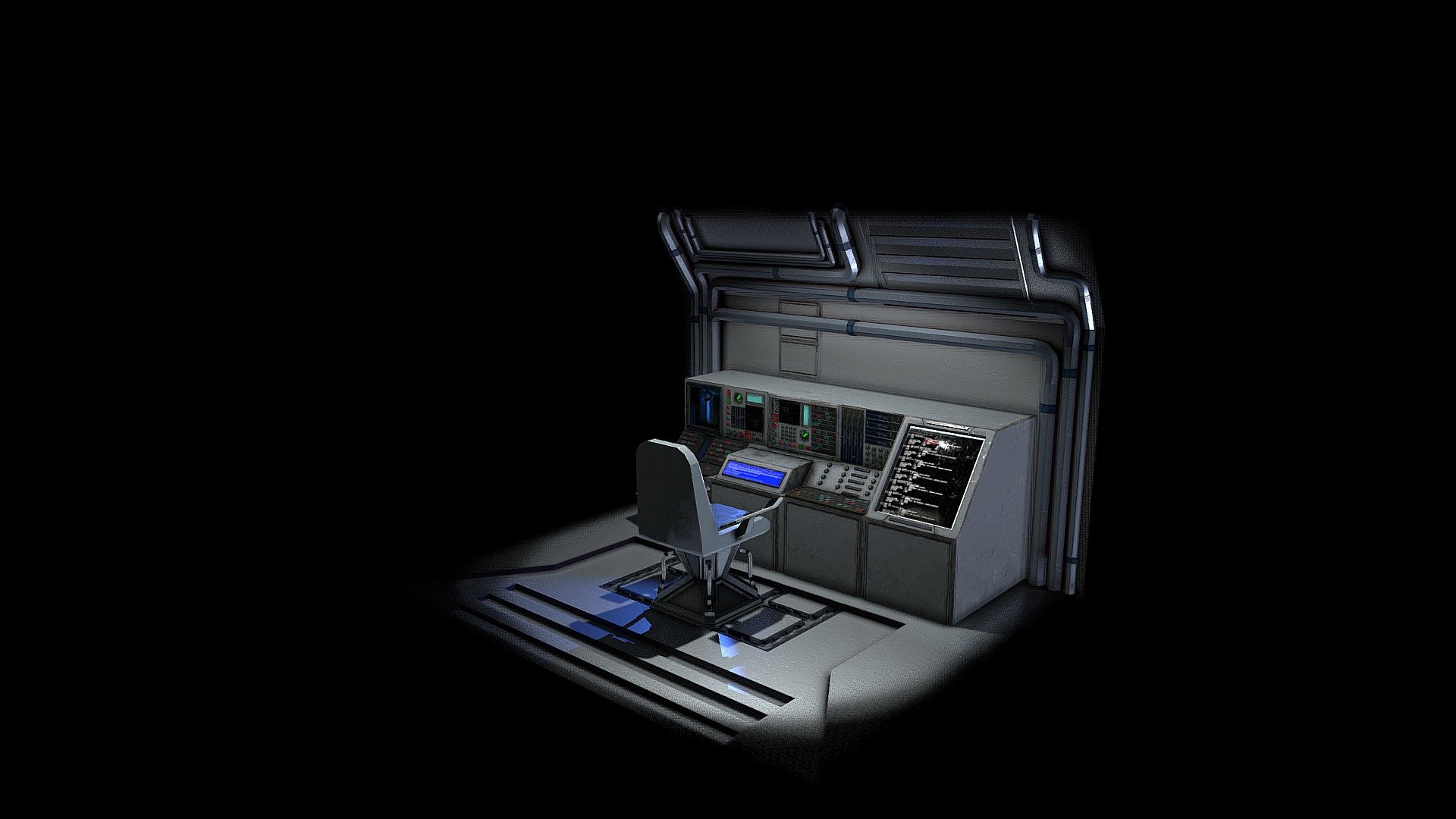 This is a snipet from a game project at AIE

Featuring a chair, control panel and a fragment of the surrounding environment.