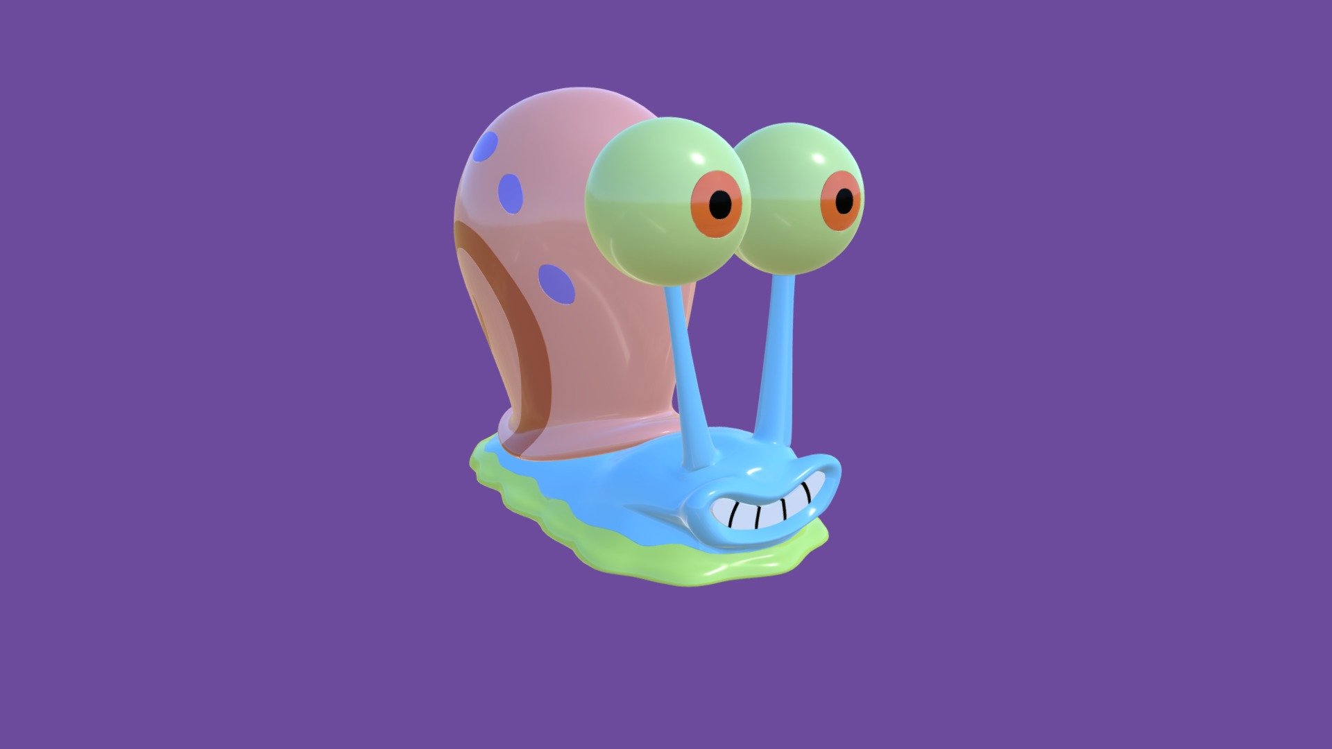 This is a 3d printable model of Gary the snail from Spongebob Squarepants. 
I made it using Fusion 360, and it's printable either as a single body in one colour, a single body in multiple colours (using an MMU) or in multiple parts to be assembled afterwards, allowing it to be printed in full colour using any 3d printer. 

The purchase includes a single body STL, 3MF, a multi part STL, and the Fusion 360 file. The multi part model has been created with clearances of 0.2mm to allow for easier part assembly. Tested using a Prusa MK2. If your printer needs a larger clearance value, you can load up the Fusion file, and change the value of the parameter, which will adjust all the clearances at once.

Below are some pictures of the printed assembled model c/o my friend Mia (@dasmia3 on twitter.) The blue body was printed using a colour changing filament, hence the different colour in the 3rd picture


