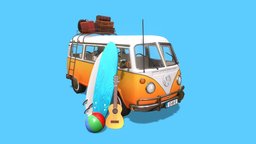 Volkswagen Van Asset Pack truck, guitar, drive, van, road, driving, volkswagen, travel, summer, holiday, beach, surfboard, vacation, hippie, baggage, roadtrip, cartoon, game, vehicle, gameready