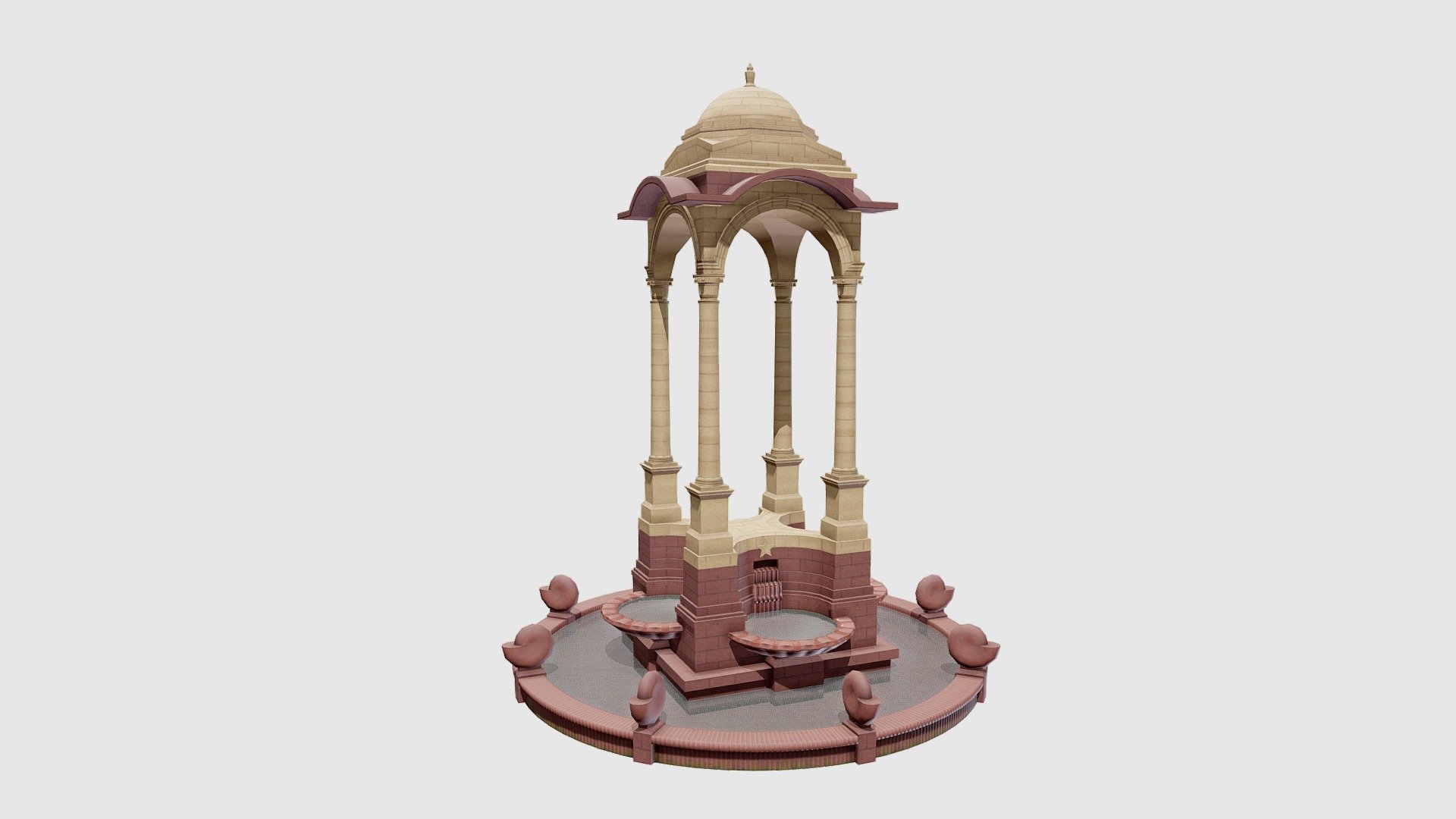 About 150 metres East of the India Gate in New Delhi, India is a 22m cupola, inspired by a sixth-century pavilion from Mahabalipuram, with four Delhi Order columns to support the domed canopy and its chhajja.

The textures have been created in Substance Painter and Designer specifcally for this model to give it a high quality, realistic look.