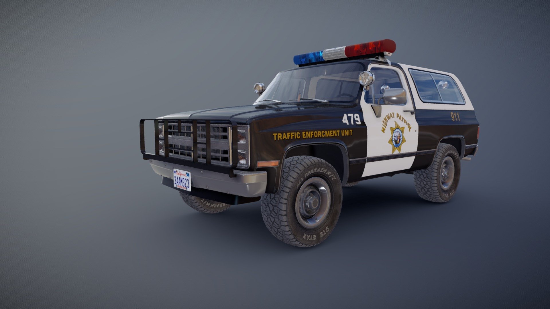 High accuracy 80s Police offroad car model.

Midpoly exterior.

Lowpoly interior(1024x1024 diffuse texture).

Low poly wheels with PBR textures(2048x2048).

Full model - 58355 tris 34363 verts

Lowpoly interior - 3625 tris 2147 verts

Wheels - 10952 tris 6180 verts

Original scale

Length - 4,3m, widht - 1,8m, hieght - 1,85m

Model ready for real-time apps, games, virtual reality and augmented reality.

Asset looks accuracy and realistic and become a good part of your project.