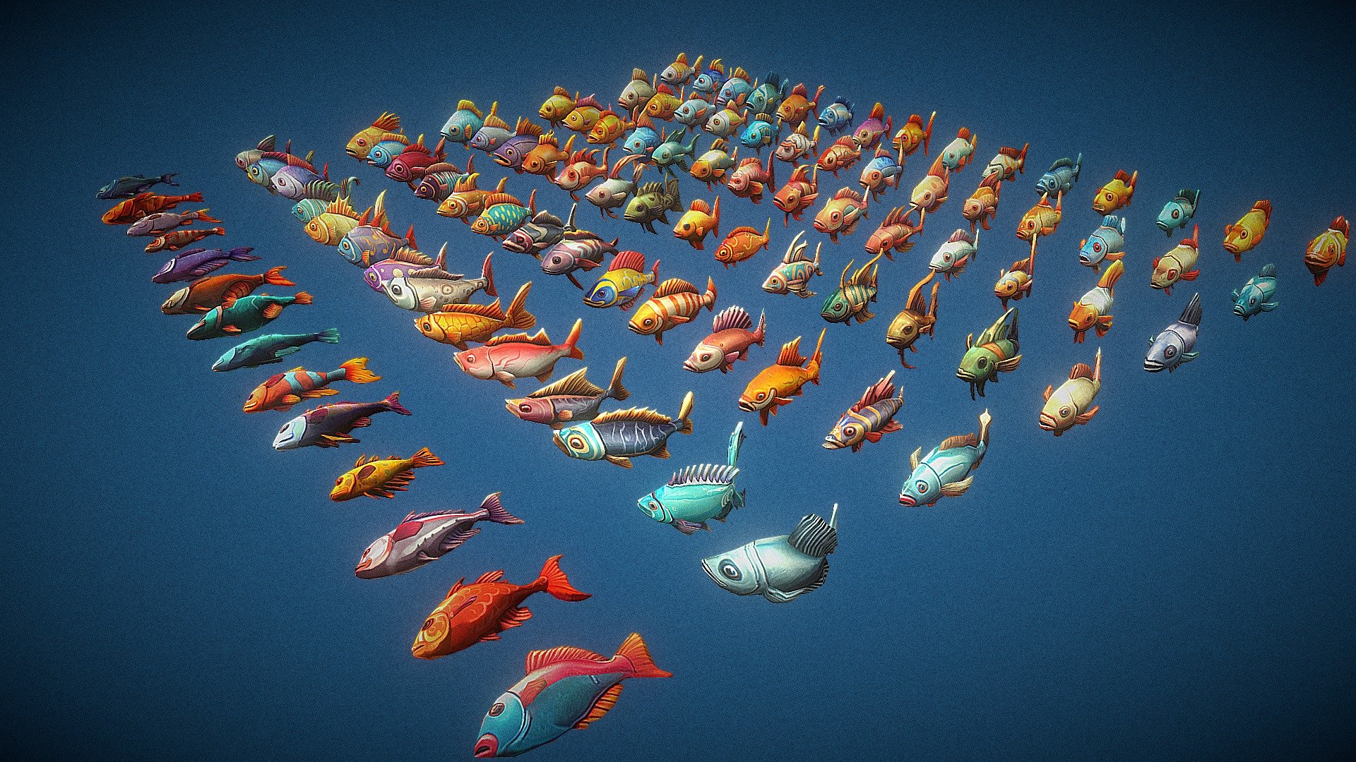 100 Low poly stylized fishes for games and 5 loop animation in pack. The whole package is totally made up of 5 materials