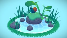 Sad Snail snail, toon, sad, rocks, pond, water, stilized, handpainted, blender, lowpoly