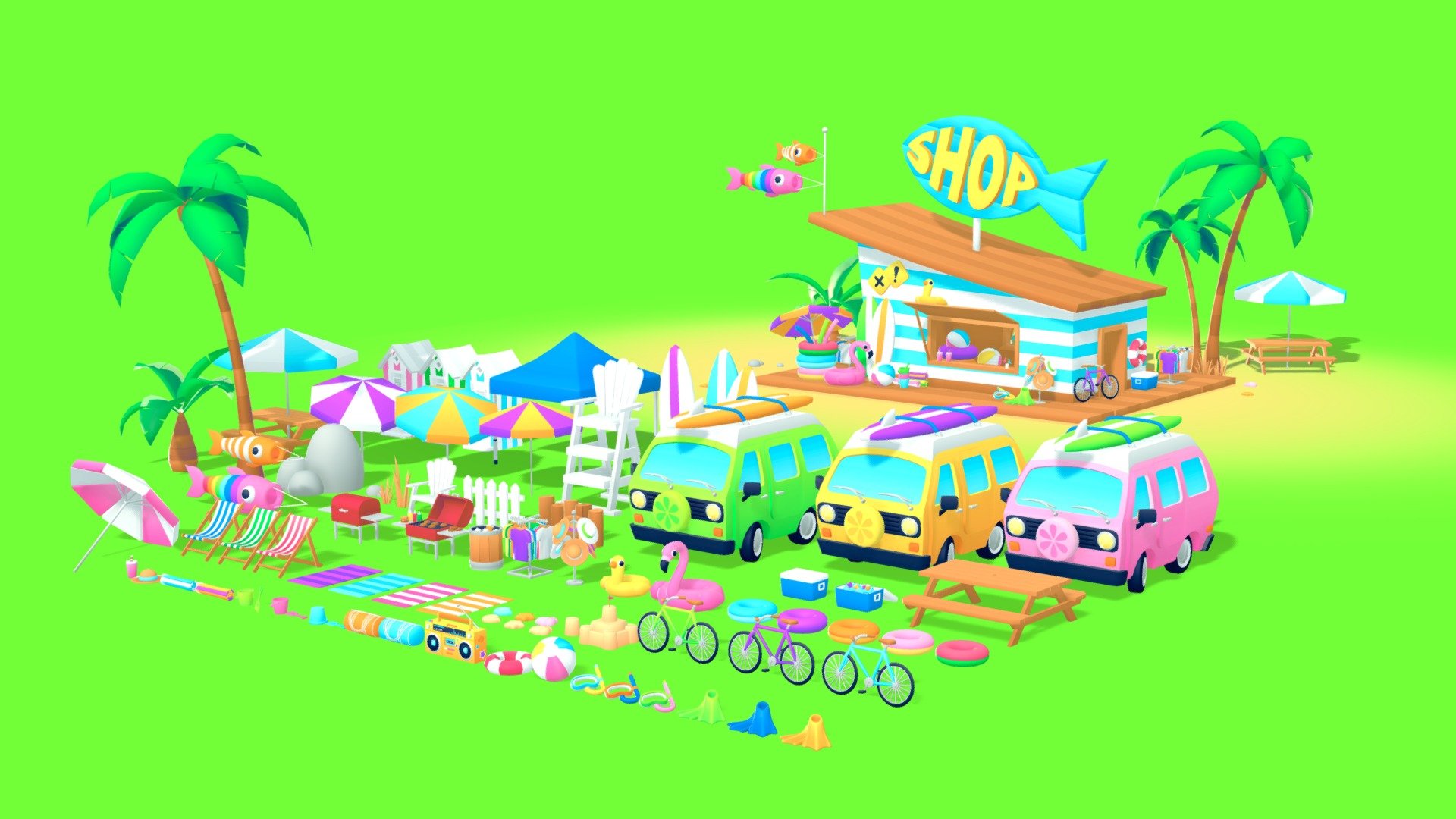 Hi! I'm back this summer with this beach party pack!!

This include 80 beach assets and a beach shop! 
All the models are separated and the fbx are ready to use in your project :D

I made this pack in the same style than most of my assets packs using a single texture with gradients and I also reviewed the texture map to improve the colors.
Here's other packs in the same style, you can also visit my store to find more packs in this style and more!
* https://sketchfab.com/3d-models/christmas-feast-tropical-food-pack-caeee35ee3a748bfa74e4ef298b3a501
* https://sketchfab.com/3d-models/breakfast-food-pack-b42606de1a4549768c6db93cd63dbcb5
* https://sketchfab.com/3d-models/kitchen-pack-3feaad739dad49fd988fe3d29f954698

Leave me a comment and don't hesitate if you have questions or if you want an asset in another colour.
I'm also taking freelance jobs for your projects! ^^