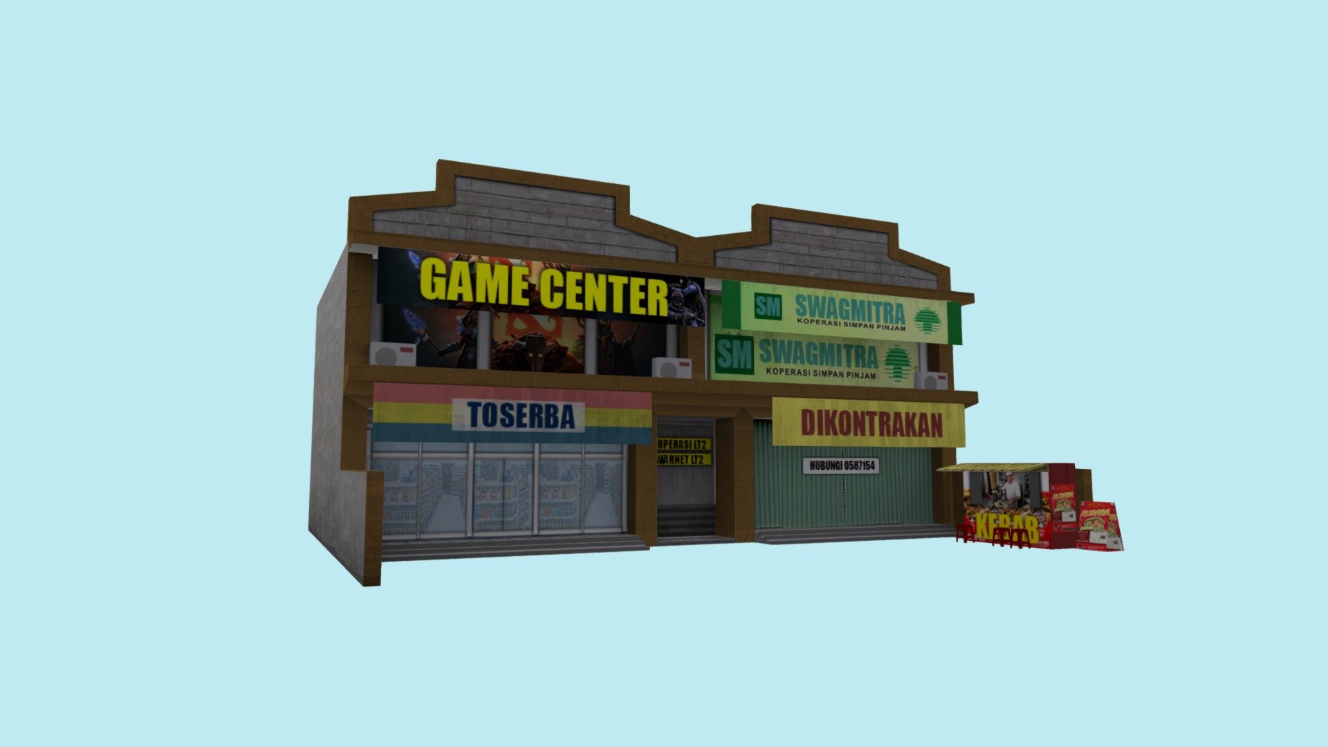 Rumah Toko/Ruko - Shophouse (4 of 5)

Maleo Training - Task 4 Create 5 business building objects and use 1 texture only at 2048 px, size building in meters 20x15 max, alphachannel include.

Pelatihan Maleo - Tugas 4 Membuat 5 objek-objek bangunan unit usaha dan menggunakan 1 tekstur ukuran 2048, ukuran bangunan maksimal 20x15 meter, sudah termasuk penggunaan alphachannel.