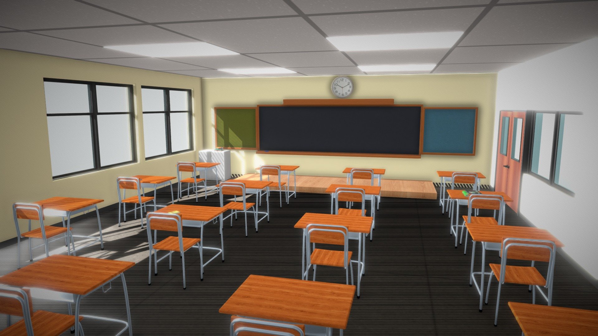 Classroom Interior
The Package is high optimized, Created with Altasted Map for quick rendering.

Pack Features:
- FBX format
- Clean and worn textures/materials for all objects.
- Pack for your Desktop, VR or Mobile projects.
- Most textures are 2k
- All textures are PNG format.

All source files are included in this package.

Bright Vision Game is a team of 3D Game artists with over a decade of experience in the field.