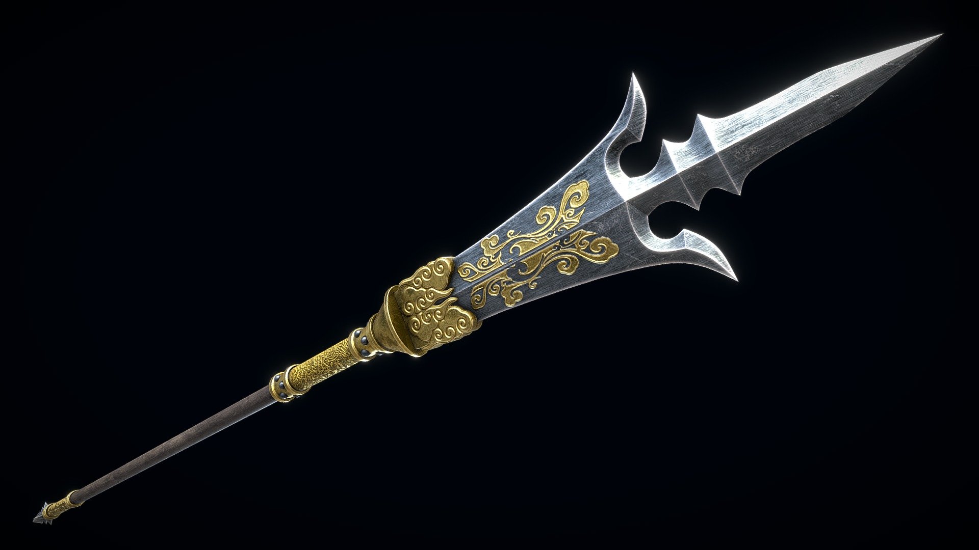 Low-poly 3D model of the Chinese Trident Spear doesn't contain any n gons and has optimal topology. This model has 2K textures.
