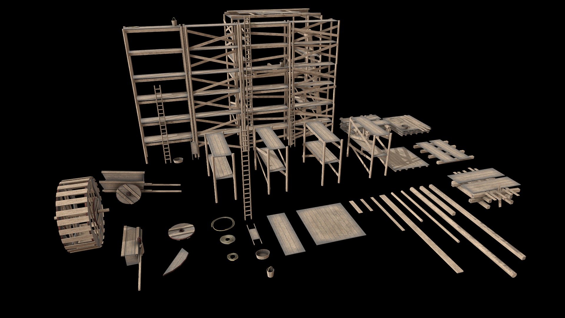 Low-poly one-texture asset to construct medieval scaffolds, bridges, cranes, fortifications etc.