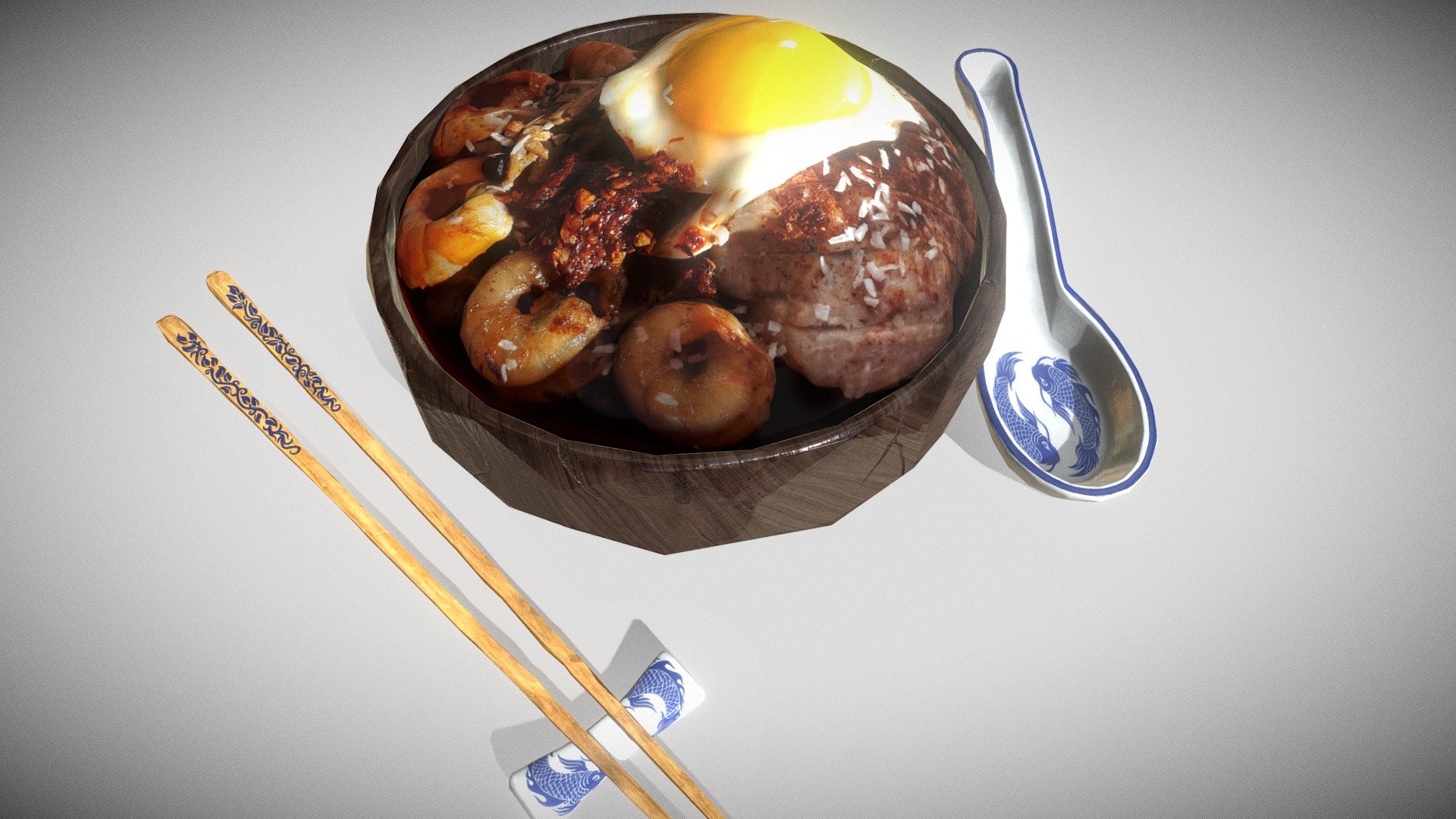 So this is a little experiment I've been contemplating on, inspired by the food assets in Monster Hunter and Final Fantasy 15.
I took photographs of an actual meal I cooked, and spliced them in Substance Painter with a few models I specially built from reference.

Nasi Lemak is a traditional Indonesian/Malaysian dish, consisting of spiced rice, coconut milk/shavings, a portion of meat (chicken) and fresh prawns, sometimes accompanied by a fried egg.

The hardest part was translating the lighting from Substance Painter to Unreal Engine, and I have recreated it as best as I can here in sketchfab.
To see the thing in Unreal and in motion, please visit my artstation:

https://www.artstation.com/benjaminnixon