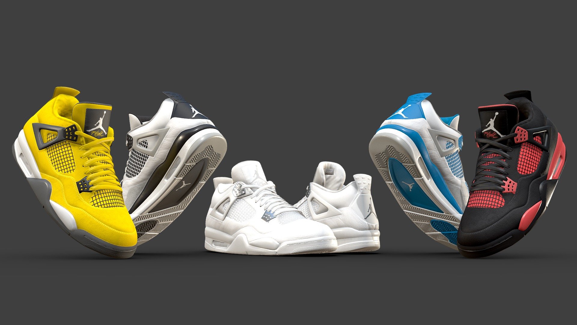 Full versions with a greater level of detail and higher resolition textures are available here: https://skfb.ly/oAqxK

Optimised, low poly version of my Jordan 4 model in 5 colourways. The mesh uses just one texture set that covers both shoes and each shoe has a polycount of 24,167. This version would be ideal for in game use, or as an accessory to a render where the shoes are not the focus. The high detailed version of this model can be purchased here: 

Clean, quad topology was used throughout the shoe (exceptions being on the flat part of the sole) 

The five colourways included are: Pure Money, Red Thunder, Military Black, Lightning, Military Blue