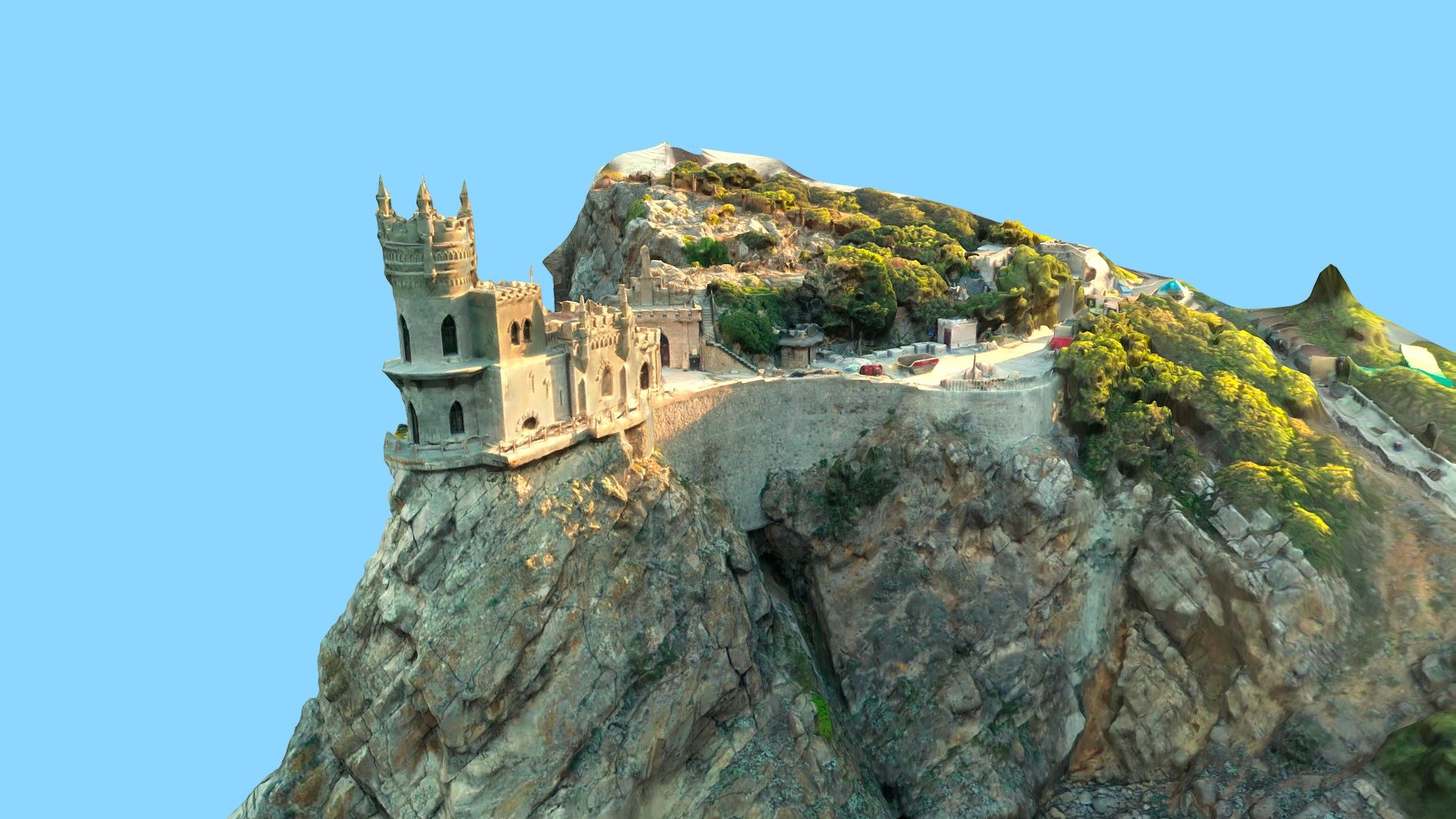 The Swallow's Nest (Ukrainian: Ластівчине гніздо, Lastivchyne Hnizdo, Russian: Ласточкино гнездо, Lastochkino gnezdo) is a decorative castle located at Gaspra, a small spa town between Yalta and Alupka, in the Crimean Peninsula. It was built between 1911 and 1912, on top of the 40-metre (130 ft) high Aurora Cliff, in a Neo-Gothic design by the Russian architect Leonid Sherwood for the Baltic German businessman Baron von Steingel.

The castle overlooks the Cape of Ai-Todor on the Black Sea coast and is located near the remains of the Roman castrum of Charax. The Swallow's Nest is one of the most popular visitor attractions in Crimea, having become the symbol of Crimea's southern coastline.
Source: Wikipedia.org