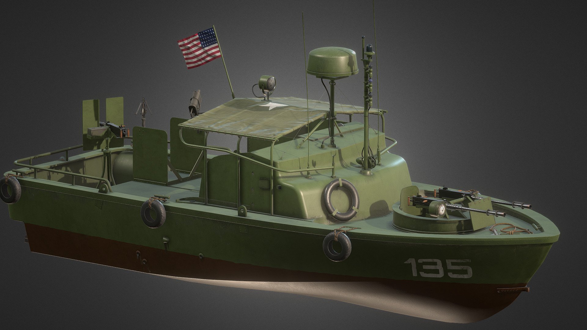 Patrol Boat River 31 Mk 2 (PBR)(Pibber)
Double M2 gun turret at the bow, one M2 gun at the stern. Additionally equipped with a M60 machine gun and a Mk18 grenade launcher.
Powered by two waterjets.