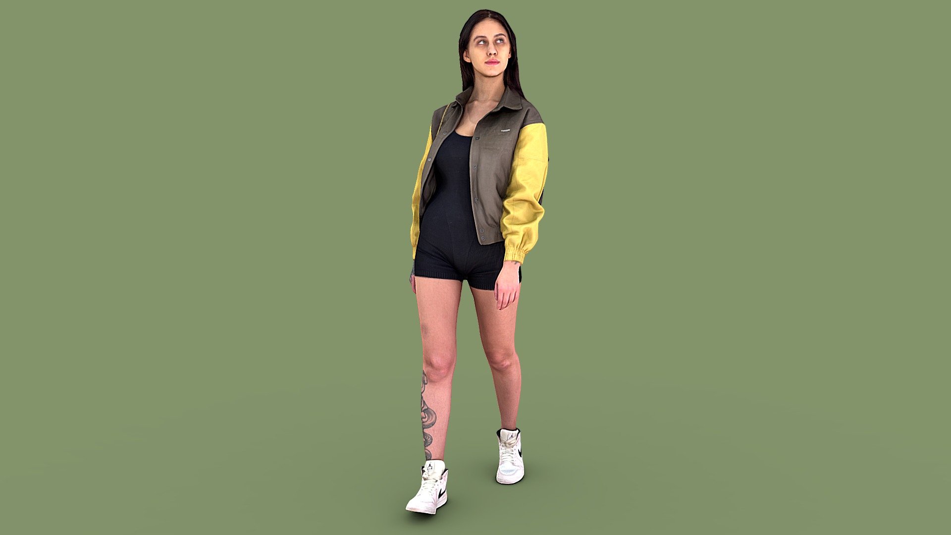 Follow us on Instagram 👍🏻

✉️ A pretty dark-haired girl with an excellent figure, confidently walks with a wide step forward, looks to the left. She is wearing a black skinny jumpsuit, a colored bomber jacket and white high-top sneakers. There is a small black handbag on a chain on the shoulder, tattoos are visible on the leg and arm.

🦾 This model will be an excellent mid-range participant. It does not need to be very close and try to see the details, it reveals and demonstrates its texture as much as possible in case of a certain distance from the foreground.

⚙️ Photorealistic Casual Character 3d model ready for Virtual Reality (VR), Augmented Reality (AR), games and other real-time apps. Suitable for the architectural visualization and another graphical projects. 50 000 polygons per model.