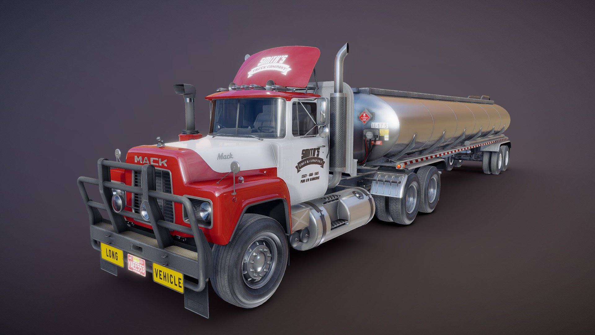 Vintage american tanker truck game ready model.\n\nFull textured model with clean topology.\n\nHigh accuracy exterior model.\n\nSteering wheel and shifter stick are separeted meshes.\n\nHigh detailed cabin - seams, rivets, chrome parts, wipers and etc.\n\nHigh detailed rear air suspension with axles and other parts.\n\nDifferent tires for rear and front wheels.\n\nDifferent wheels for rig and trailer.\n\nEmblems are separated models with texture.\n\nHigh detailed rims and tires, with PBR maps(Base_Color/Metallic/Normal/Roughness.png2048x2048 )\n\nAdditional color schemes for cabin red, yellow, blue, brown.\n\nModel ready for real-time apps, games, virtual reality and augmented reality.\n\nAsset looks accuracy and realistic and become a good part of your project.