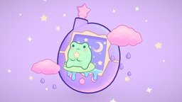 Frog Tamagotchi _(°︿°)_ autodesk, cute, games, toy, drawing, pet, vintage, handpaint, frog, nintendo, clouds, stars, illustration, tamagotchi, lilypad, sparkles, maya, zbrush, animal, digital, stylized, noai, nostaglia