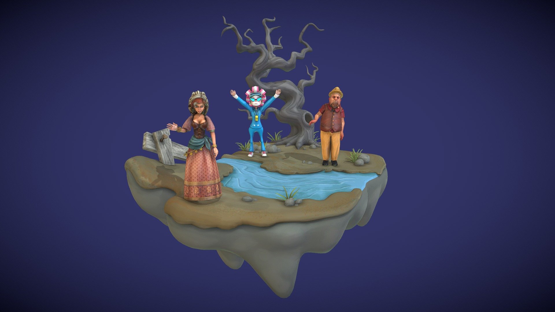 A Diorama with three Characters Waving in this looping animation at 30 frames per second.