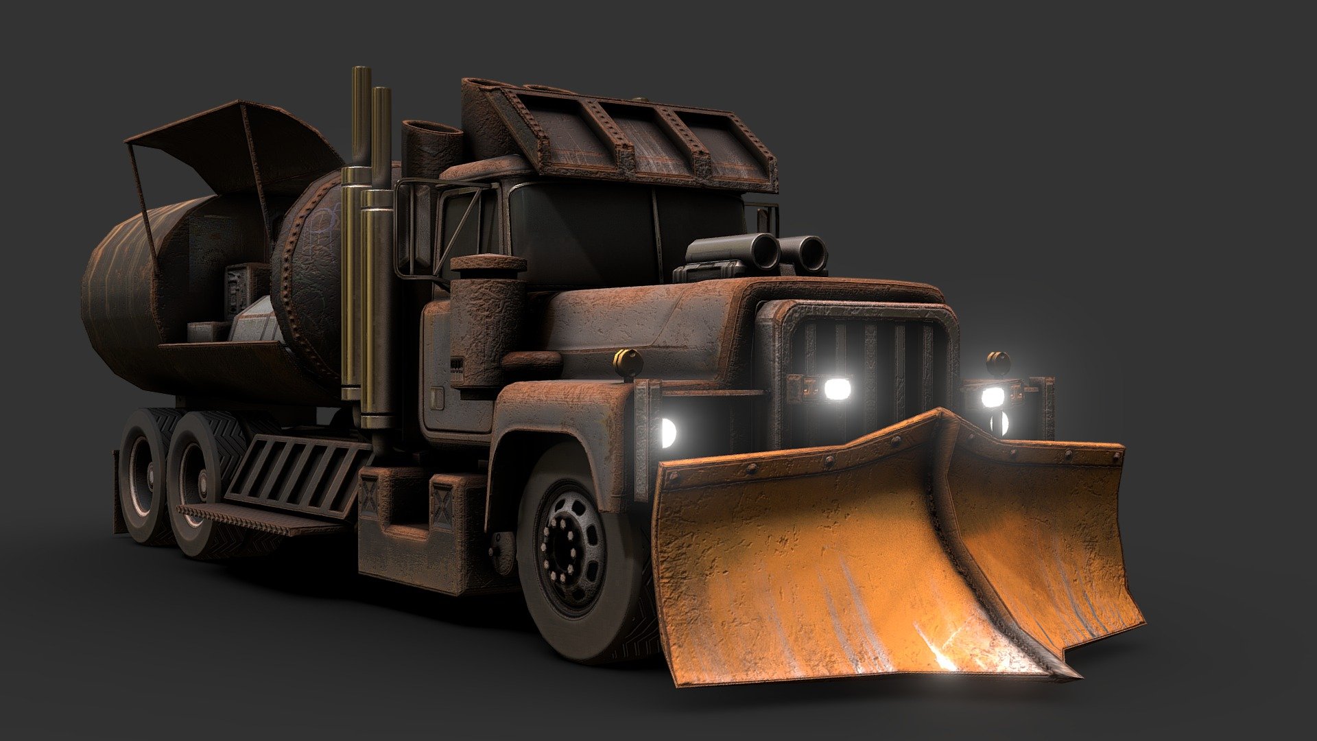 A fuel tank and a semi truck turned into an armored kitchen on wheels, for a commissioner

Made in 3DSMax and Substance Painter