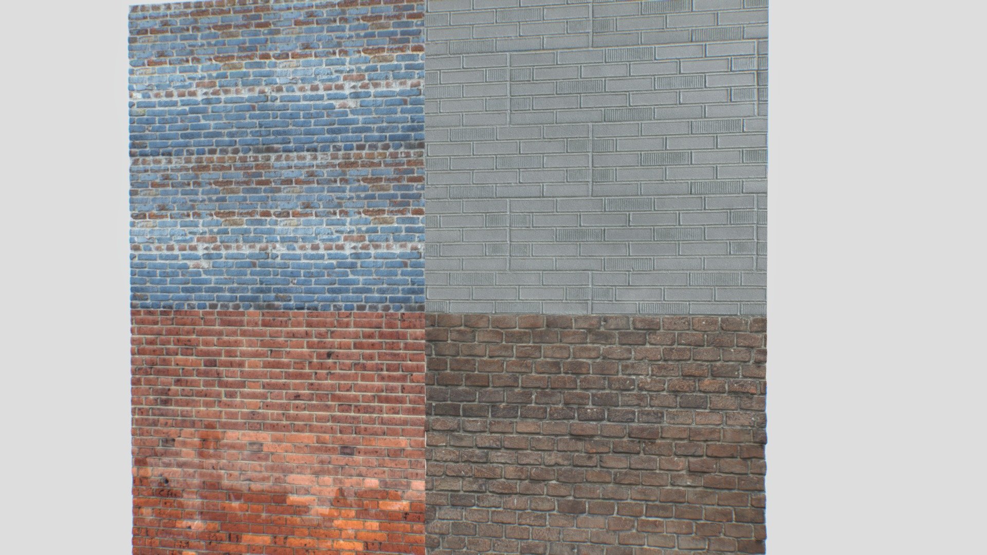 4 different seamless PBR textures.

4096x4096px size with Albedo, Normal, Displacement, Roughness, Metalness, AO. PNG and TGA seamless textures. 

Textures consist in a mix of old brick textures.

All ready for tessellation shaders. 
Suitable for walls, basements, buildings, fences, etc&hellip;