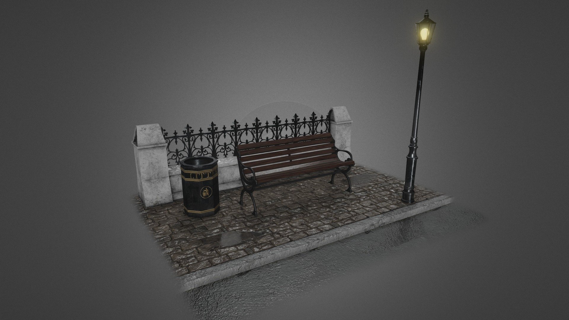 A pavement after a rain shower, mostly to put the bench I once made into a scene. The assets take inspiration from my last trip to London.

Programs used: 
3DS MAx
Mudbox
Substance Painter