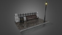 Pavement on a rainy day scene, fence, lantern, victorian, bench, mudbox, puddle, england, rain, 3ds-max, bin, environmental, sidewalk, pavement, footpath, environment-assets, cast-iron, enviromentasset, rainyday, puddles, substancepainter, substance, 3ds, environment, wall, rainy-y