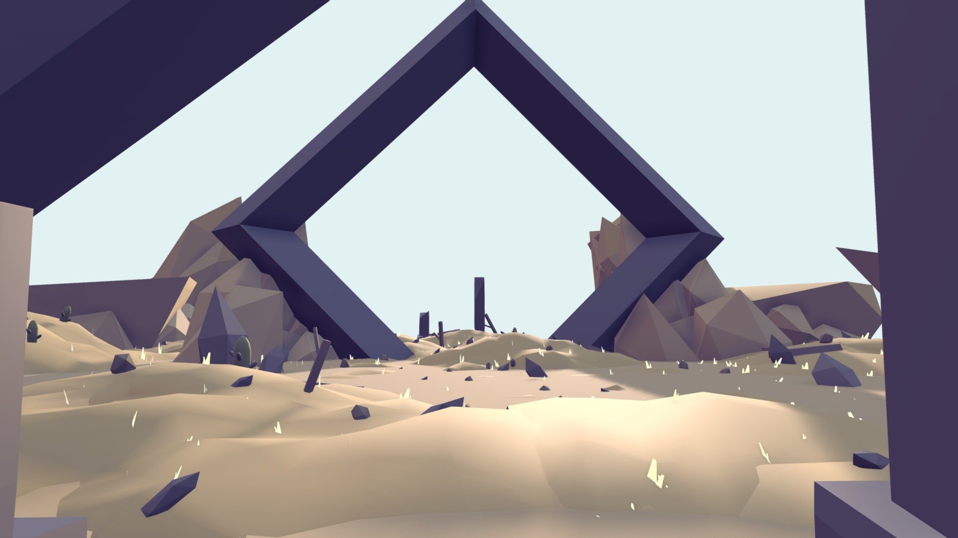 Forsaken Desert - Low poly Stylized Environment

This is my second addition in my multiverse of environments series, this enviroment is set in desert.
a forsaken desert with portal that are still able to connect to another verse.

*I used simple process of modeling and applying colors to the objects and elements using the materials.
Hope you like it, Please feel free to use it in you games AR/VR projects. *

Best for fantasy games and VR experiences.

Please leave a comment and share your views on my work,also if you are buying the model ..please rate the model and write a review
*
Thank you!*