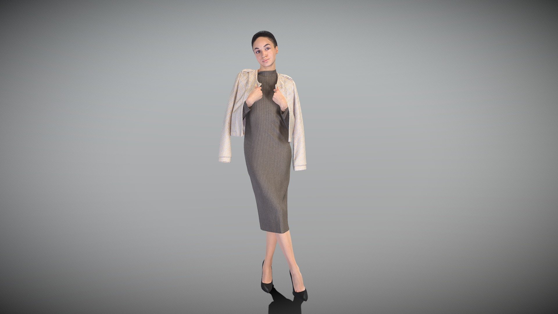 This is a true human size and detailed model of a beautiful young woman of Caucasian appearance dressed in midi black dress. The model is captured in casual pose to be perfectly matching for various architectural, product visualization as a background character within urban installations, city designs, outdoor design presentations, VR/AR content, etc.

Technical specifications:




digital double 3d scan model

150k &amp; 30k triangles | double triangulated

high-poly model (.ztl tool with 5 subdivisions) clean and retopologized automatically via ZRemesher

sufficiently clean

PBR textures 8K resolution: Diffuse, Normal, Specular maps

non-overlapping UV map

no extra plugins are required for this model

Download package includes a Cinema 4D project file with Redshift shader, OBJ, FBX, STL files, which are applicable for 3ds Max, Maya, Unreal Engine, Unity, Blender, etc. All the textures you will find in the “Tex” folder, included into the main archive.

3D EVERYTHING

Stand with Ukraine!