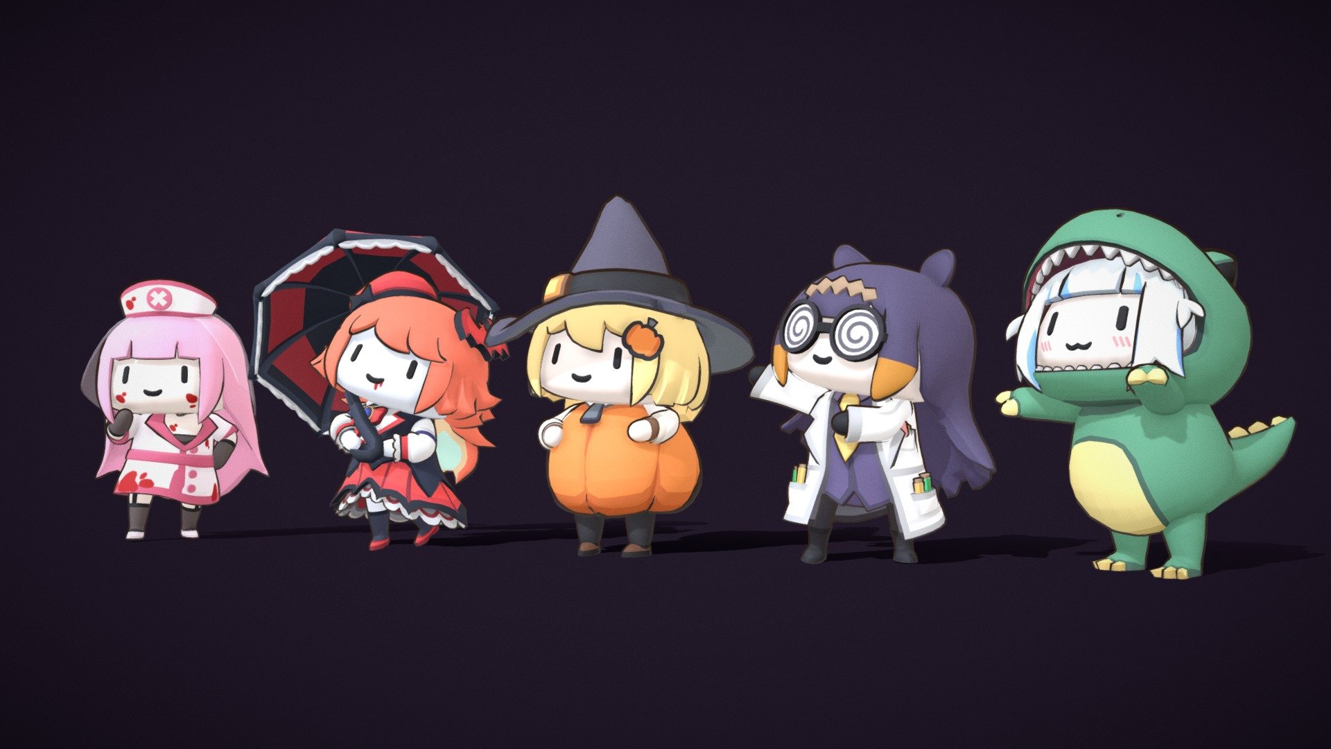 These are Halloween costumes that were commissioned for the vtuber talents of Hololive English Myth. These were used as their avatars in their VR Chat halloween event!  Amelia asked me to share these publically, despite these being a commission, so here you go!

I approve of anyone using these models to make animations, fan-games, port them to other programs, create mods, share them onward, etc. As long as you are considerate of the talents who used these to represent themselves, and make sure the usage of these stays within Hololive Fan Work Guidelines.