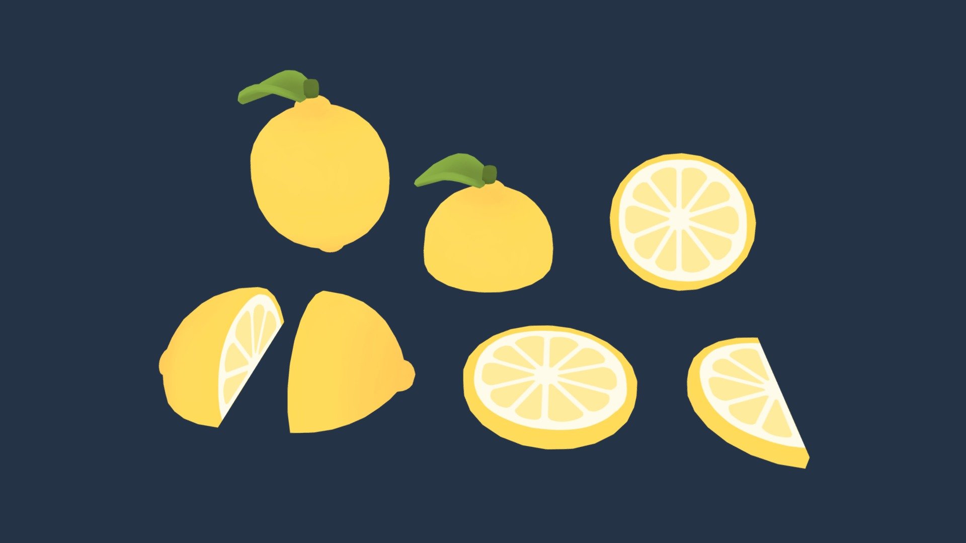 A cute, simple lemon with a colourful, cartoon style 🍋

Part of the Cute Fruits Pack! See the full model pack here 👑✨

Includes:

1 whole lemon mesh

2 half lemon meshes

2 quarter lemon meshes

2 lemon slice meshes

2 texture .pngs

Zip file contains the models as an .fbx file