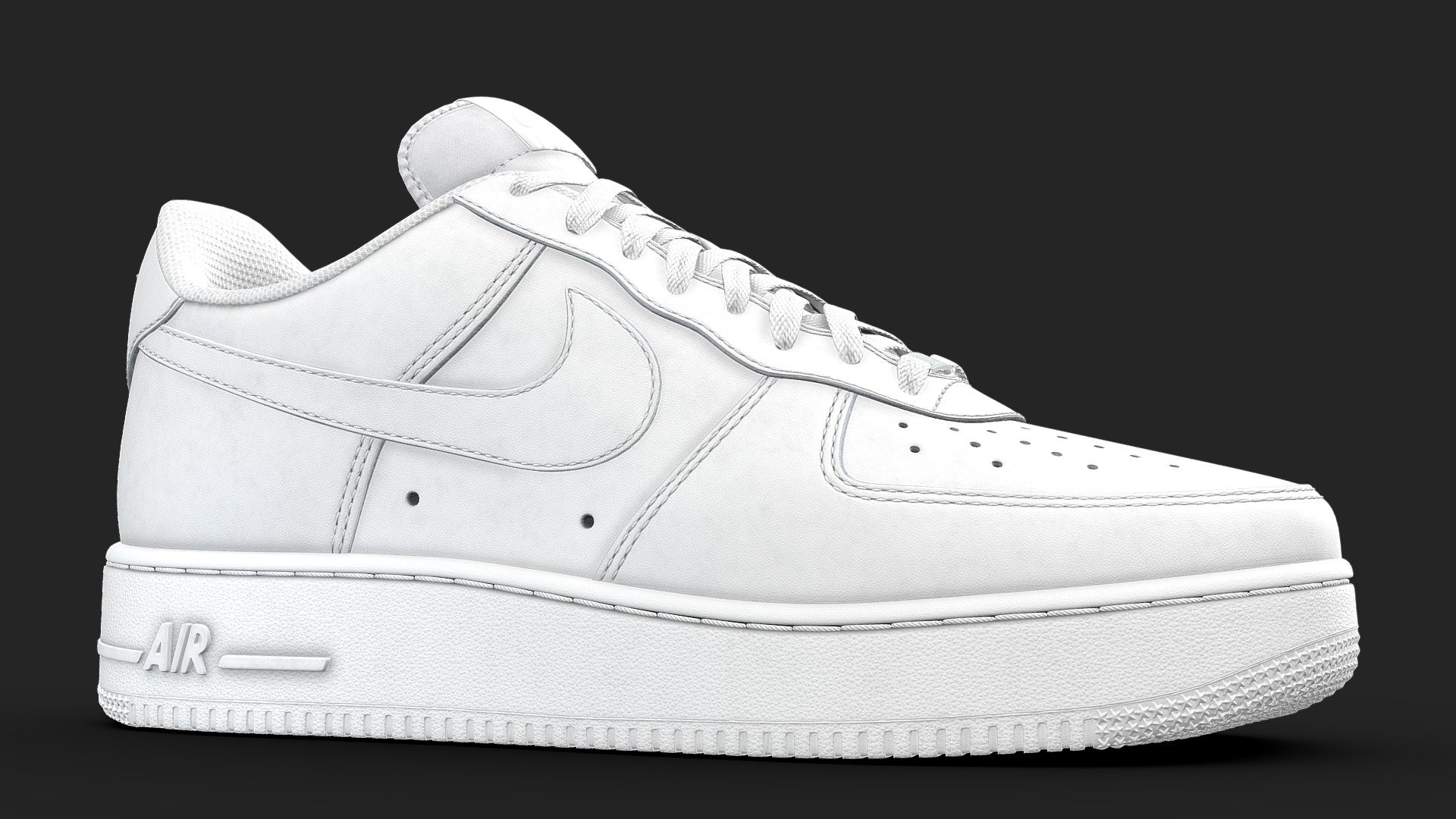 Nike Air Force 1 in Triple White. The most popular sneaker on the planet, and a staple in many wadrobes. Made with a high attention to detail, this rendition of the shoe aims provide the highest fidelity possible.

The shoe displayed here has been subdivided once, as have the obj and fbx files. The blender file will allow you change this detail, and also has the added details of stitches and the stars on the sole as seperate objects so they can be removed if desired (though the shoe looks best with them).

There are four texture sets for each shoe with the maps being Base Color, Metallic, Roughness, Normal, Opacity (through the alpha channel of the base color). These maps are at a resolution of 4096x4096 in png

This subdivided version has 517,927 polys, with the unsubdived coming in at 130,332. An optimised version is included, which uses just one texture set and has 15,605 polys, it can be previewed here: https://skfb.ly/oE7wV
Finally, the black colourway of this shoe is included in the additional files