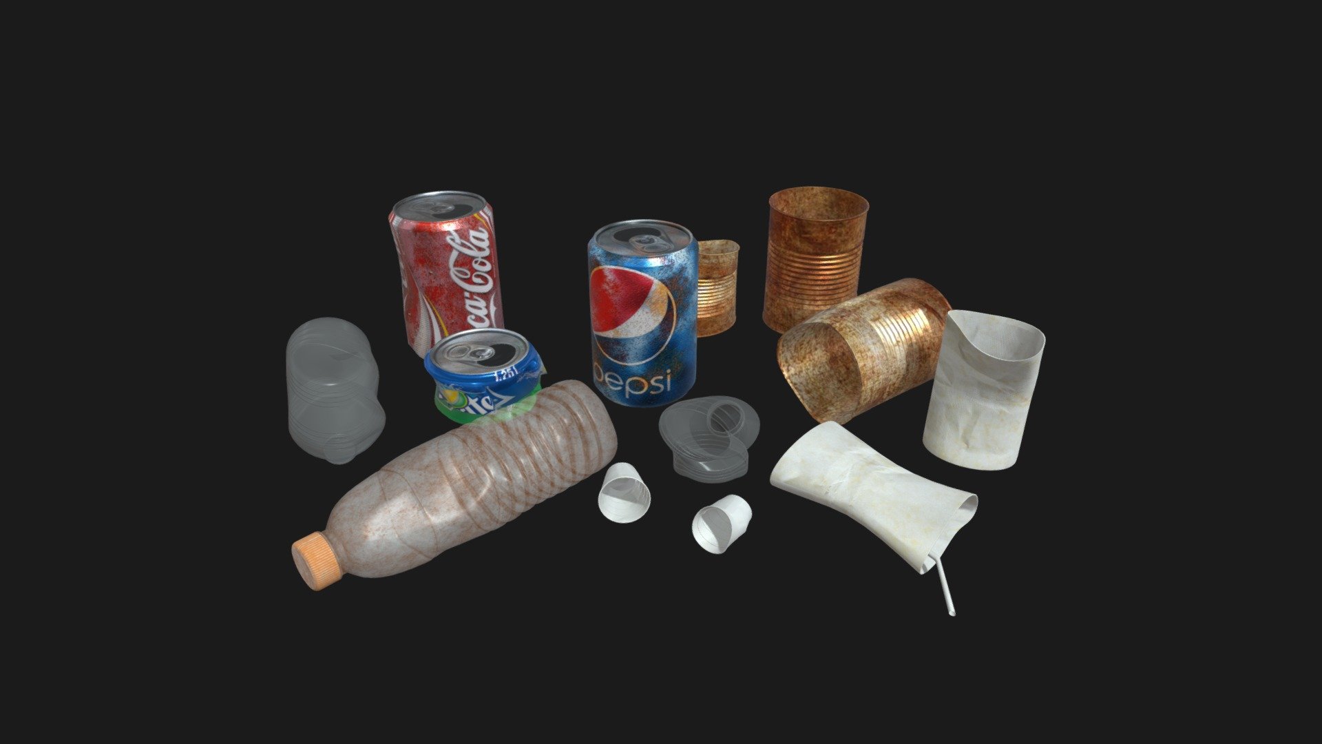 Here is low poly trash models available. Coke cans , plastic bottles, paper glass